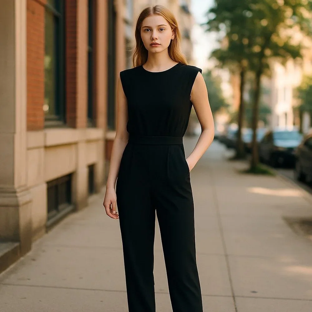 Express Jumpsuit Black Sleeveless Knit Pockets Slim Leg